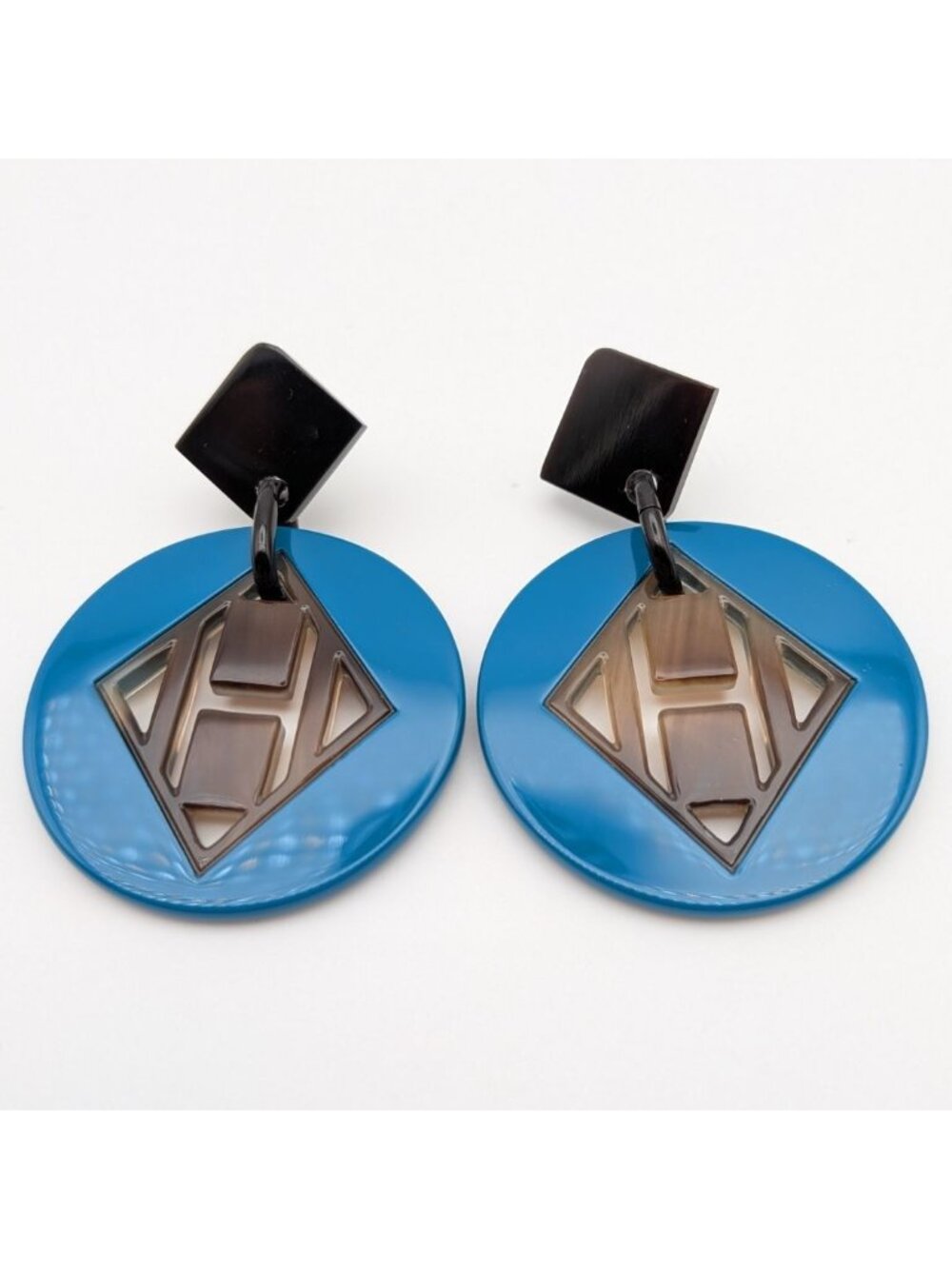 Hermes H Logo Buffalo Horn Earrings Blue Brown Swing Sheer